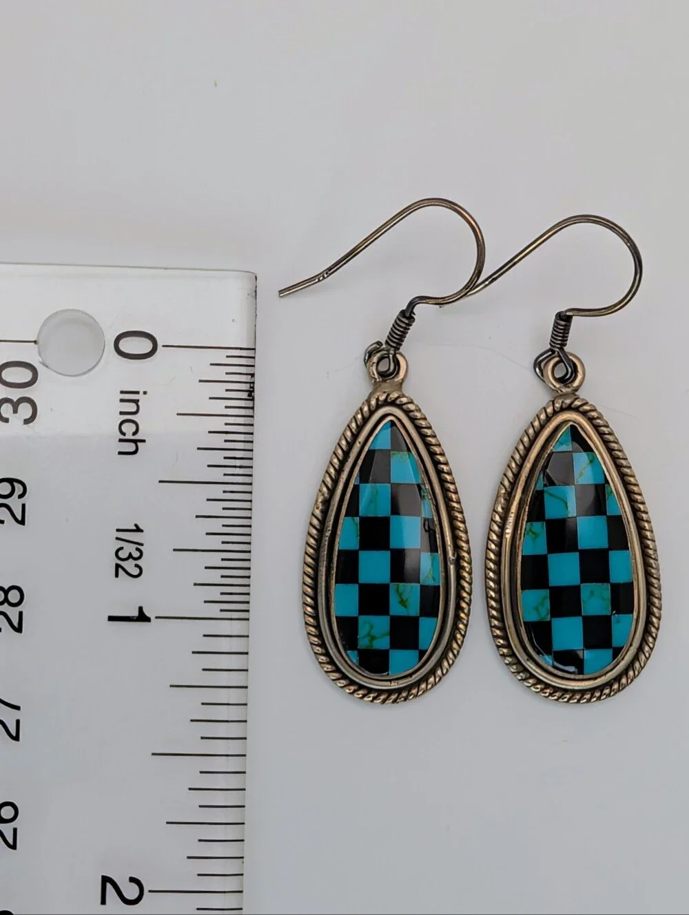 Turquoise & Black Onyx S925 Sterling Silver Matte Checkered Dangle Earrings